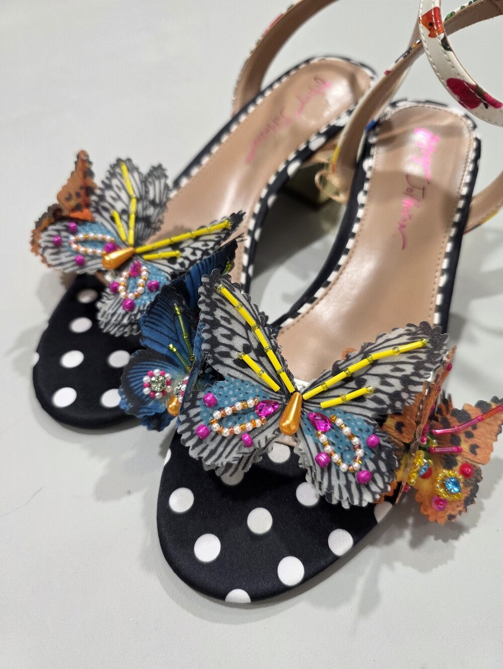 Betsey Johnson Black Polka Dot Sandals with Multicolor Butterfly Embellishments - Picture 9 of 13